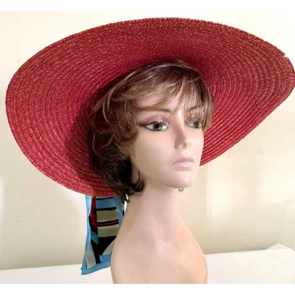 Wide Brim Straw Sun Hat With Anne Klein Multicolor Patterned Silk Scarf Accent - Picture 2 of 12